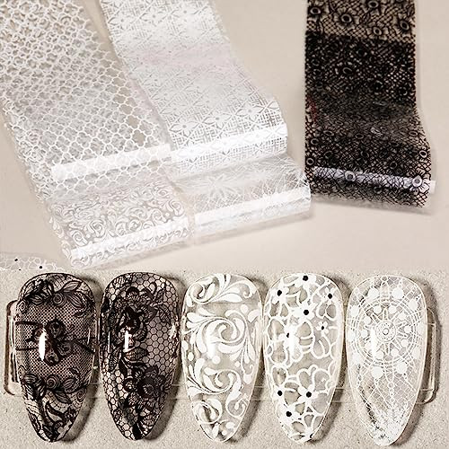 20 Rolls Lace Nail Foil White and Black Nail Transfer Foil Flower Nail Art
