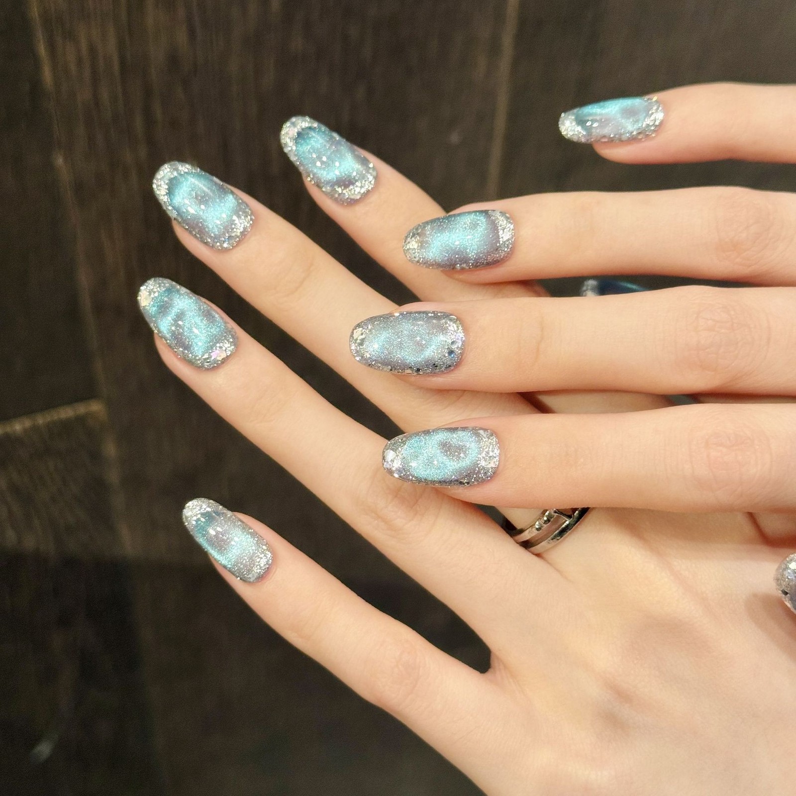Handmade Blue Ice-clear Texture Sequin Shiny Fake Nail Oval/Square Press On Nail