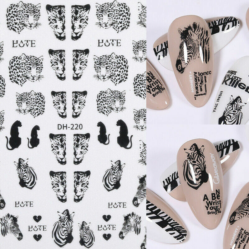 3D Nail Stickers Leopard Zebra Nail Art Decals Decoration DIY Black White NH12