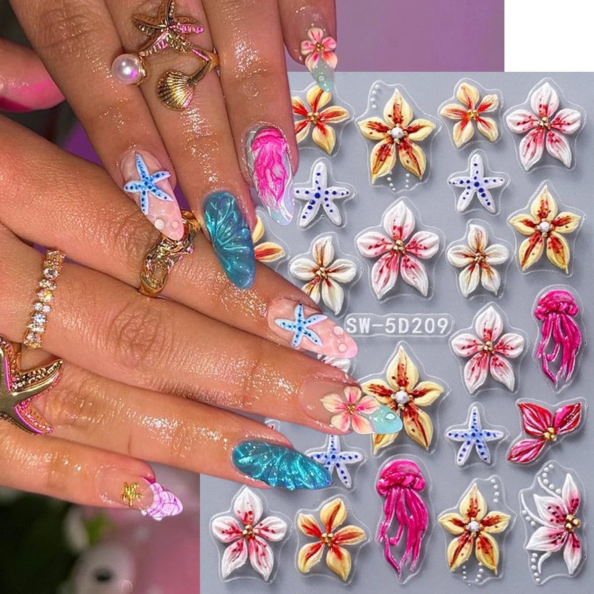 5D Embossed Ladybug Bee Nail Stickers Flower Nail Decals Daisy Nail Art Stick…
