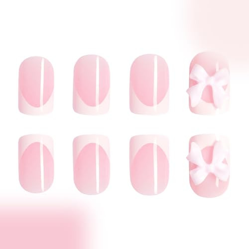 24Pcs BMKKOT Short Press on Nails White French Tip Fake Nails Pink Full Cover