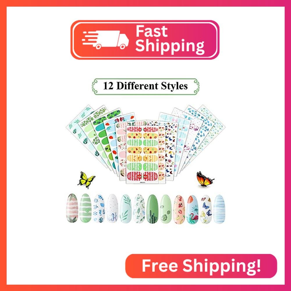 Maitys 168 Pieces 12 Sheets Nail Strips Summer Full Wrap Nail Polish Stickers Wr