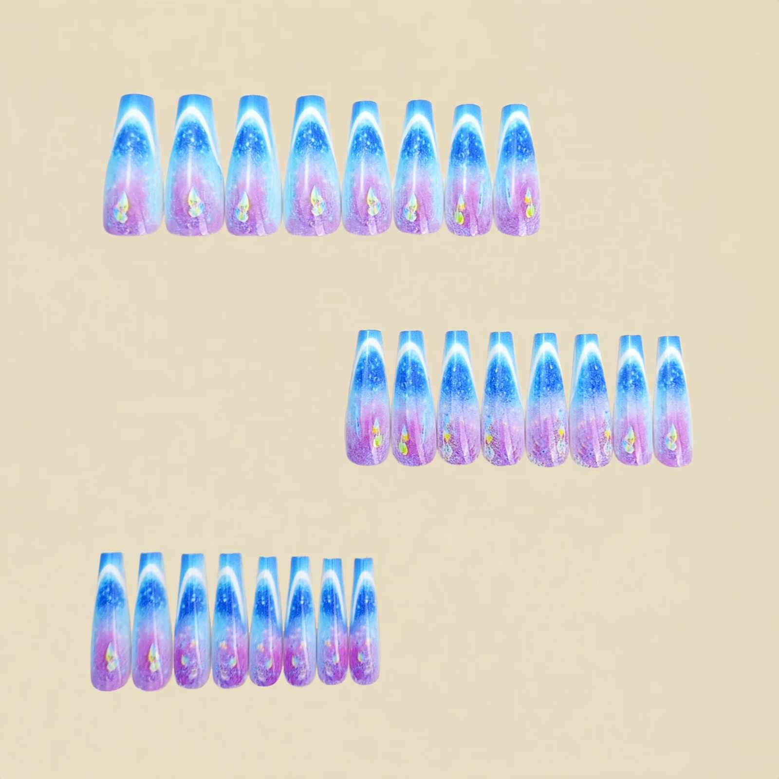 Strip Grid Print French Ballet Shape Medium Long Full Cover Press On Fake Nails