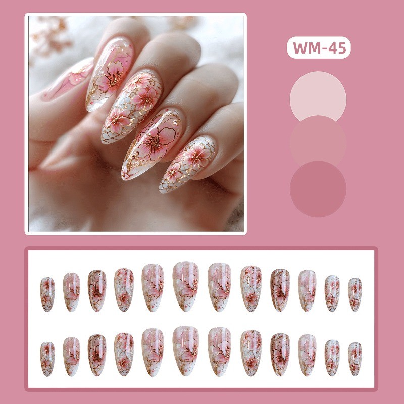48 Pieces of Pink Transparent Gold-plated Cherry Blossom – Removable Nail Art