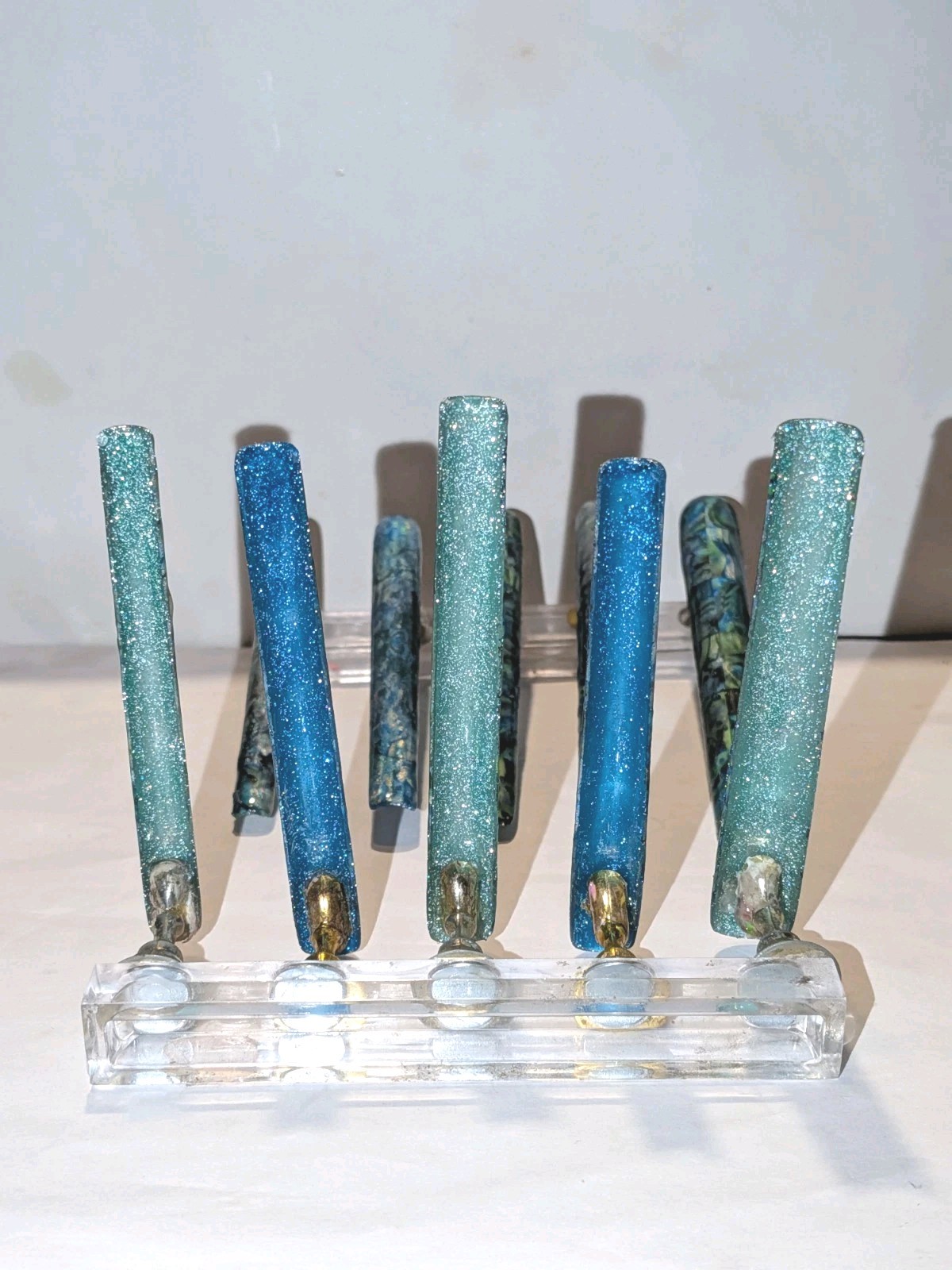 Hand Crafted 6Xl Acrylic Teal and Blue Marble Long Press-On Nails Sz Medium