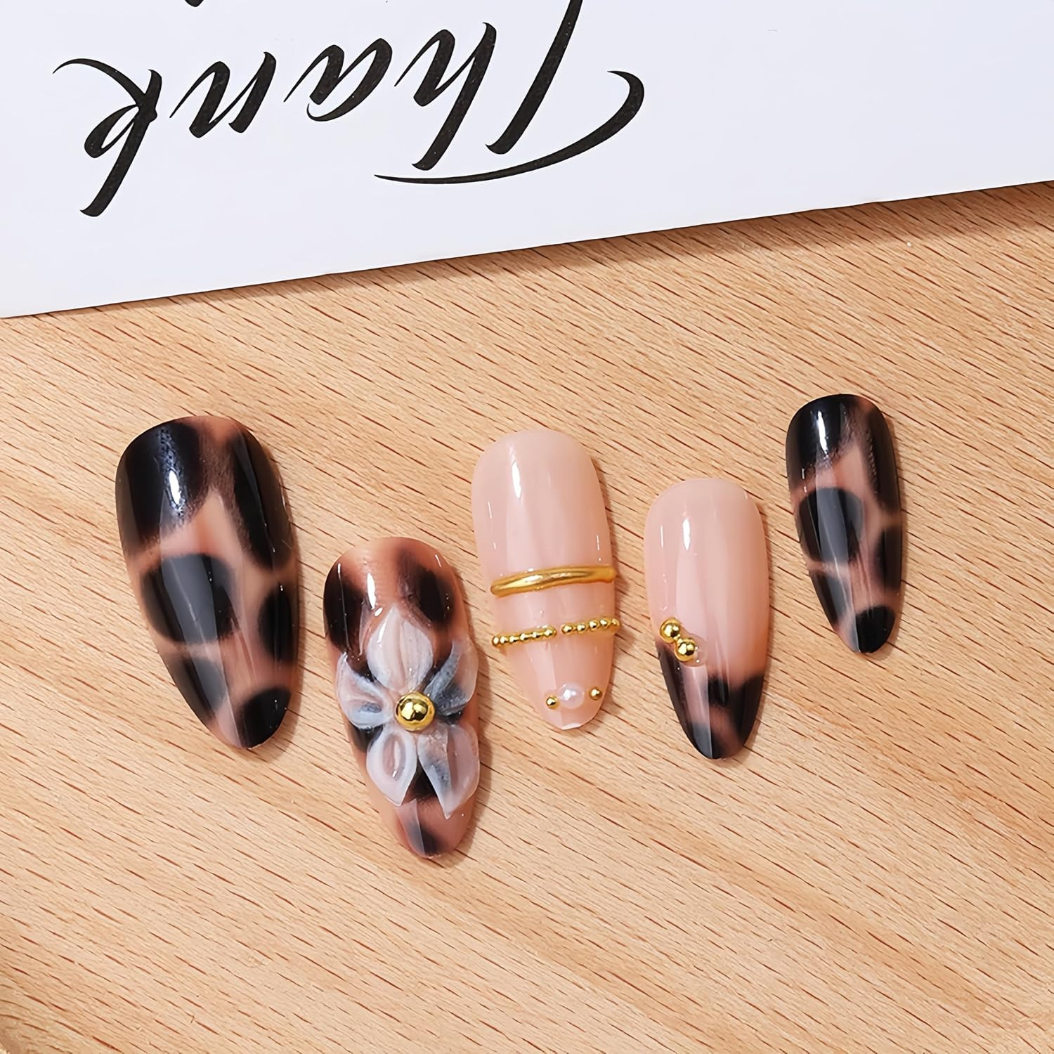 24Pcs 3D Brown Gold Flower Press on Nails Medium Almond Fake Nails with 3D Gold
