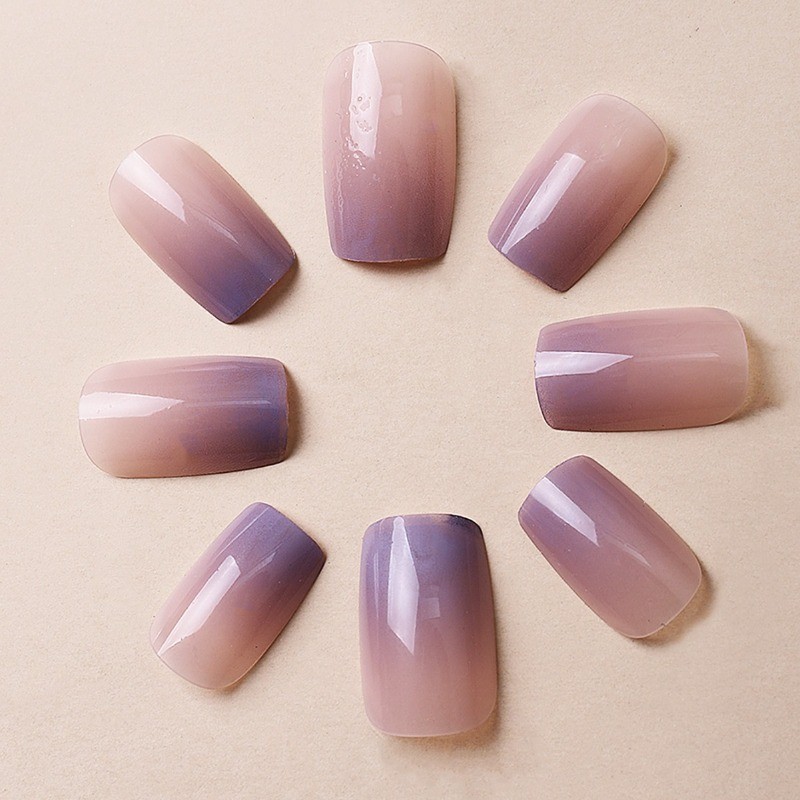 48Pcs-Long Square Pink Purple Gradient White Line Art Fake Press on Nails Set