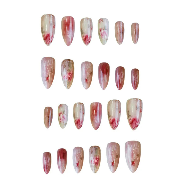 Temperament Gradient Rose 24pcs Almond Gentle Flower Press On False Fake Nails