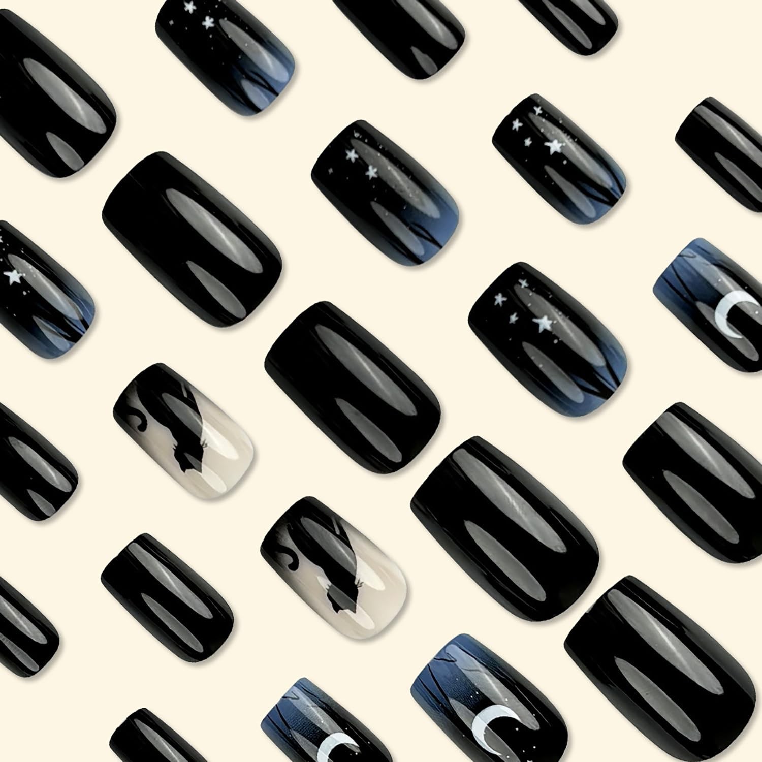 24Pcs Moon Star Glossy Black Press On Nails – Medium Length Acrylic Full Cover