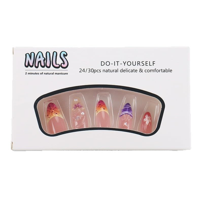 24Pcs Colorful Flower Press on Nails Medium Almond Fake Nails with 3D Butterfly