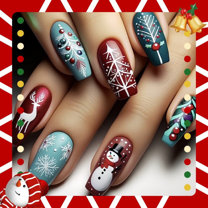 48P Long Coffin Press on Nails, Red Green Pine Deer Snowflake Fake Nails