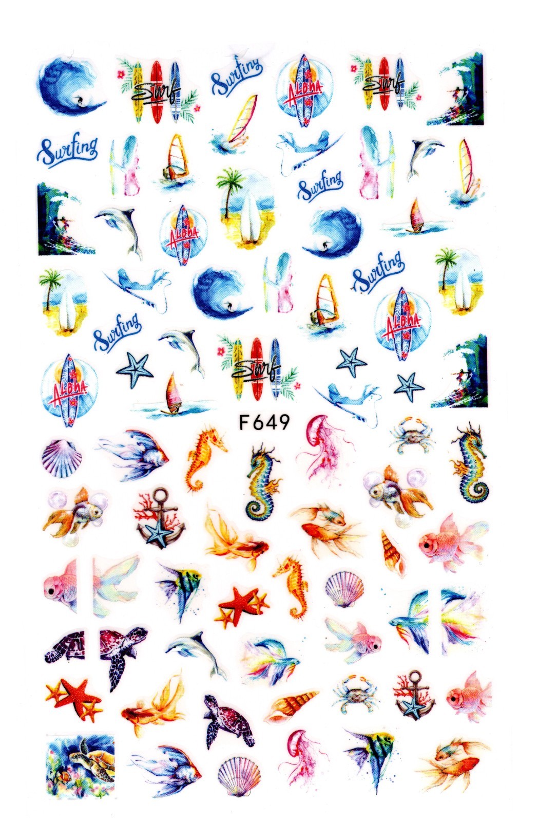 Nail Art 3D Decal Stickers starfish seahorse surfing goldfish turtle Aloha F649