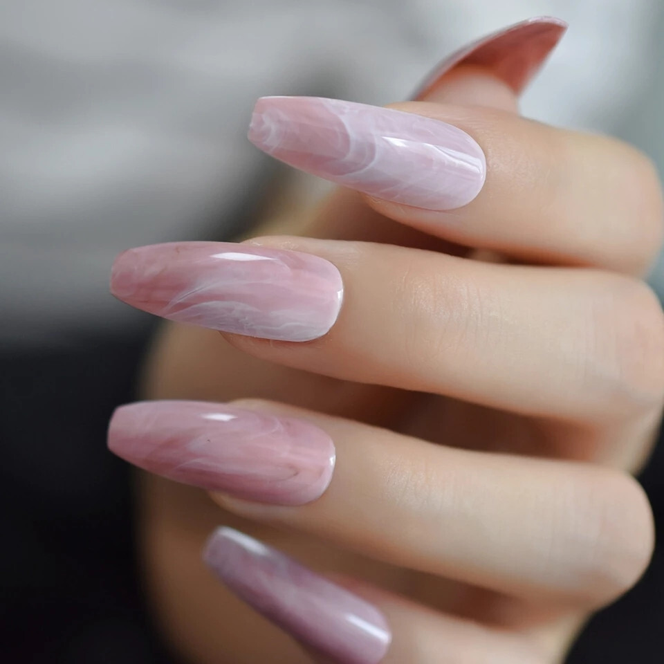 24 Press on Nails kit w Glue extra long Coffin Pink quartz marble mauve