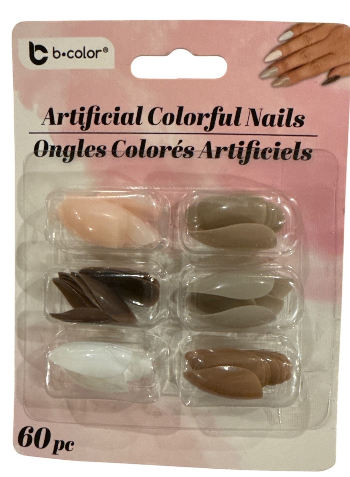 B.Color 60 ARTIFICIAL COLORFUL NAILS Long Almond Glossy White+Tan+Pink+Latte