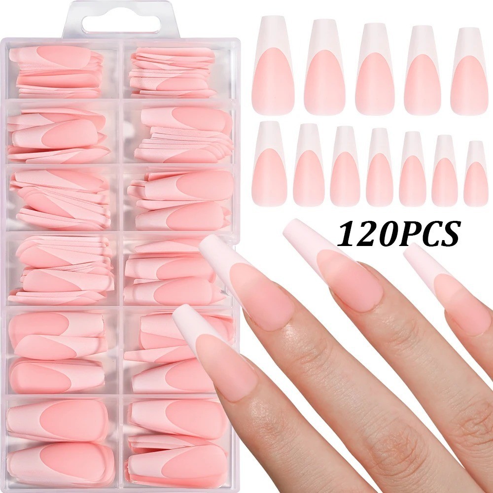 360/240/120pcs Light Pink Almond Press On Nails Glossy White French Fake Nail Si