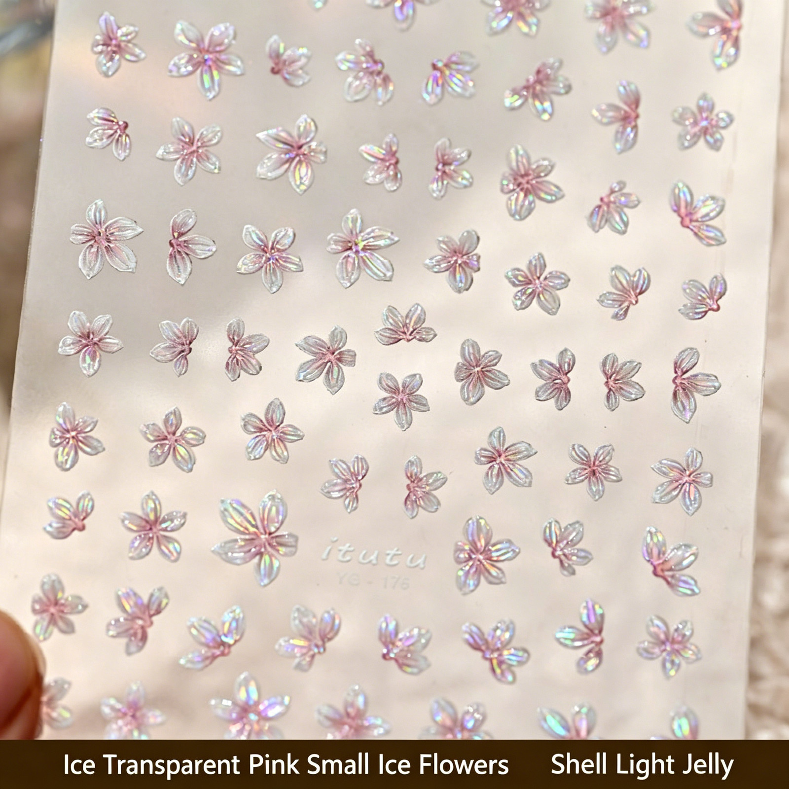 New Translucent Small Ice Flower Embossed Jelly Nail Stickers, Fairy Shell Shimm