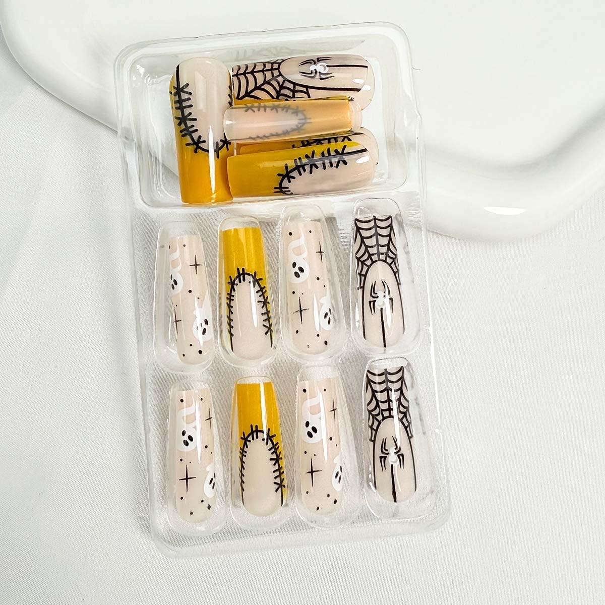 24Pcs Halloween French Tip Press on Nails Long Coffin Fake Nails With Design …