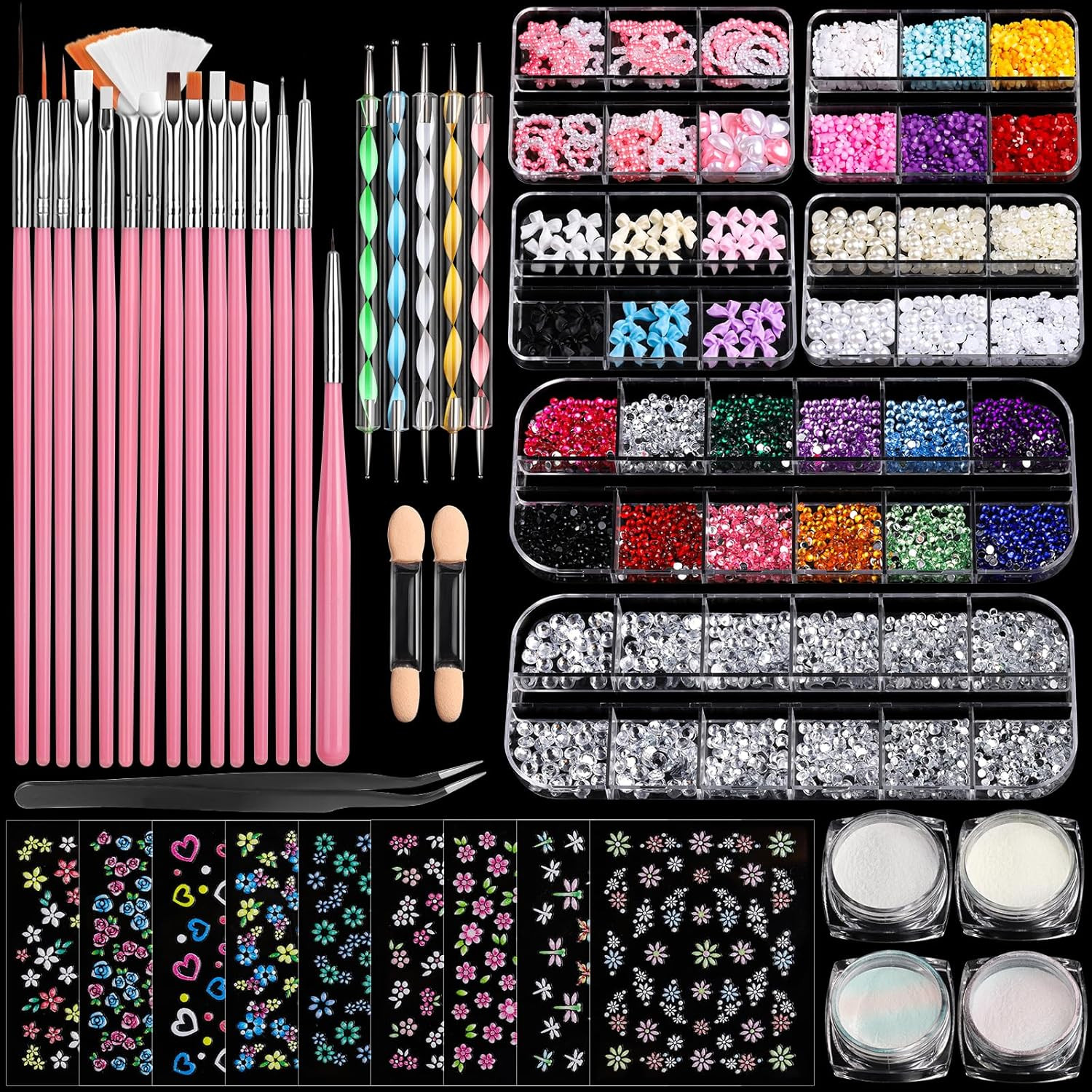 Nail Art Kit Beginners Chrome Powder Charms Stickers Brushes Dotting Rhinestones