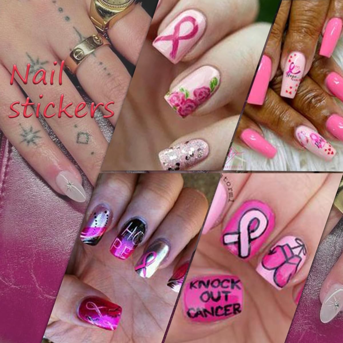 6 Sheets Breast Cancer Nail Art Stickers – 3D Self-Adhesive Heart Letter Nail