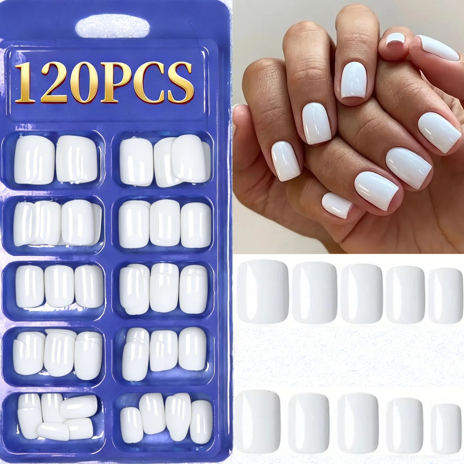 120PCS French Tip Press On Nails Square Fake Nails Reusable Acrylic Full Cover