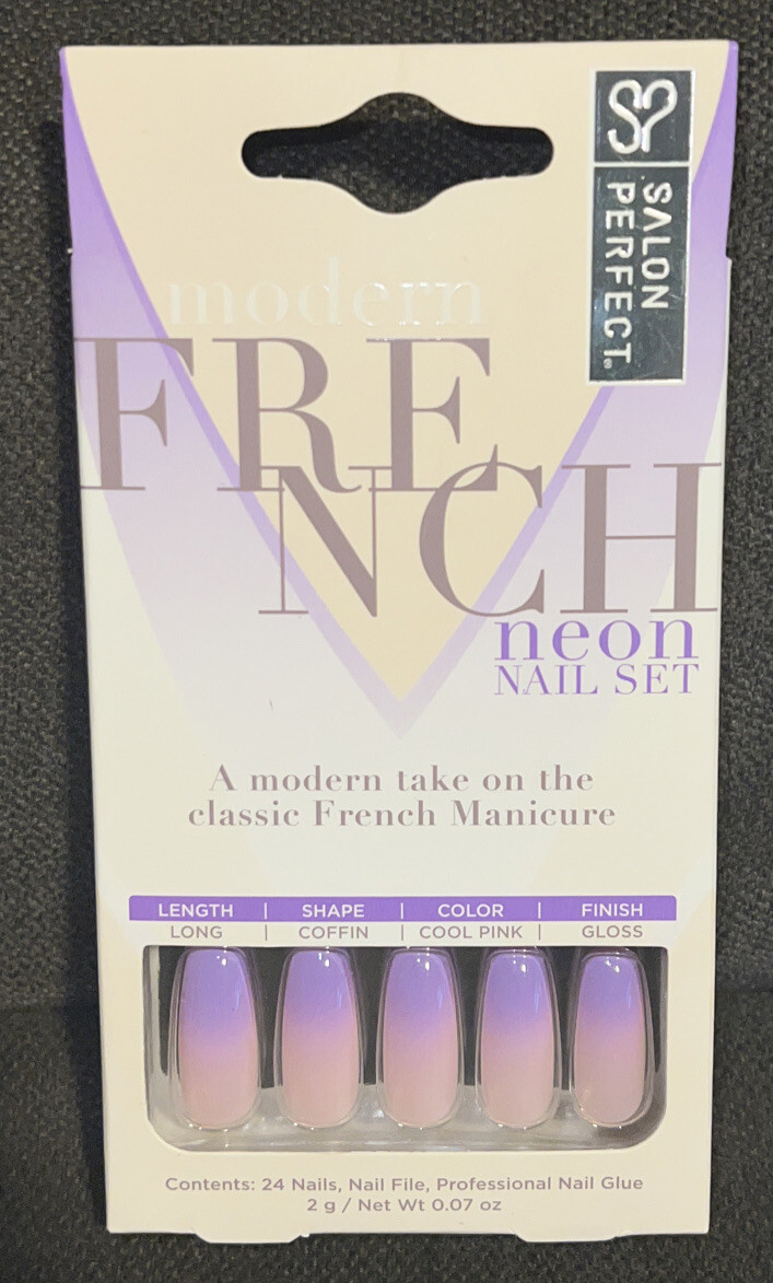 Salon Perfect Modern Neon Purple Ombre French Tip Design Long Coffin Shape Nails
