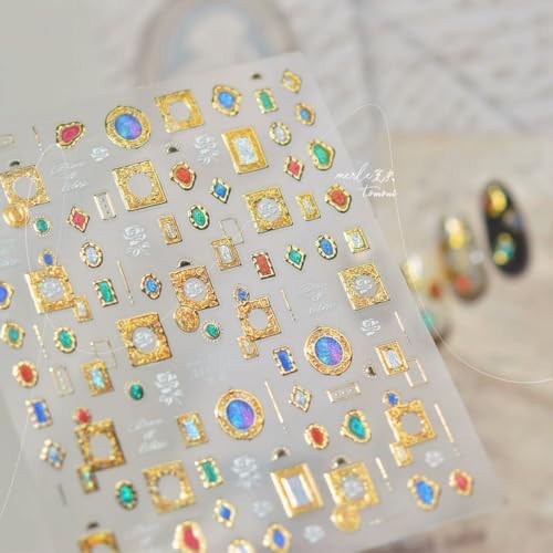 1 Sheet Gold Nail Stickers 3D Self-Adhesive Embossed Gems Nail Art Color-27