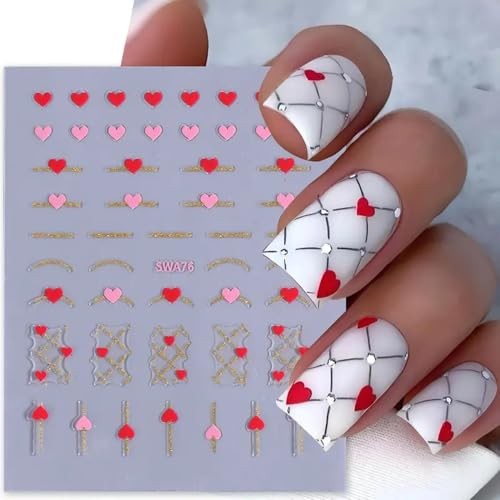 4Pcs Valentine’s Day Nail Art Stickers – Hearts Nail Decals – Glossy Metallic A6