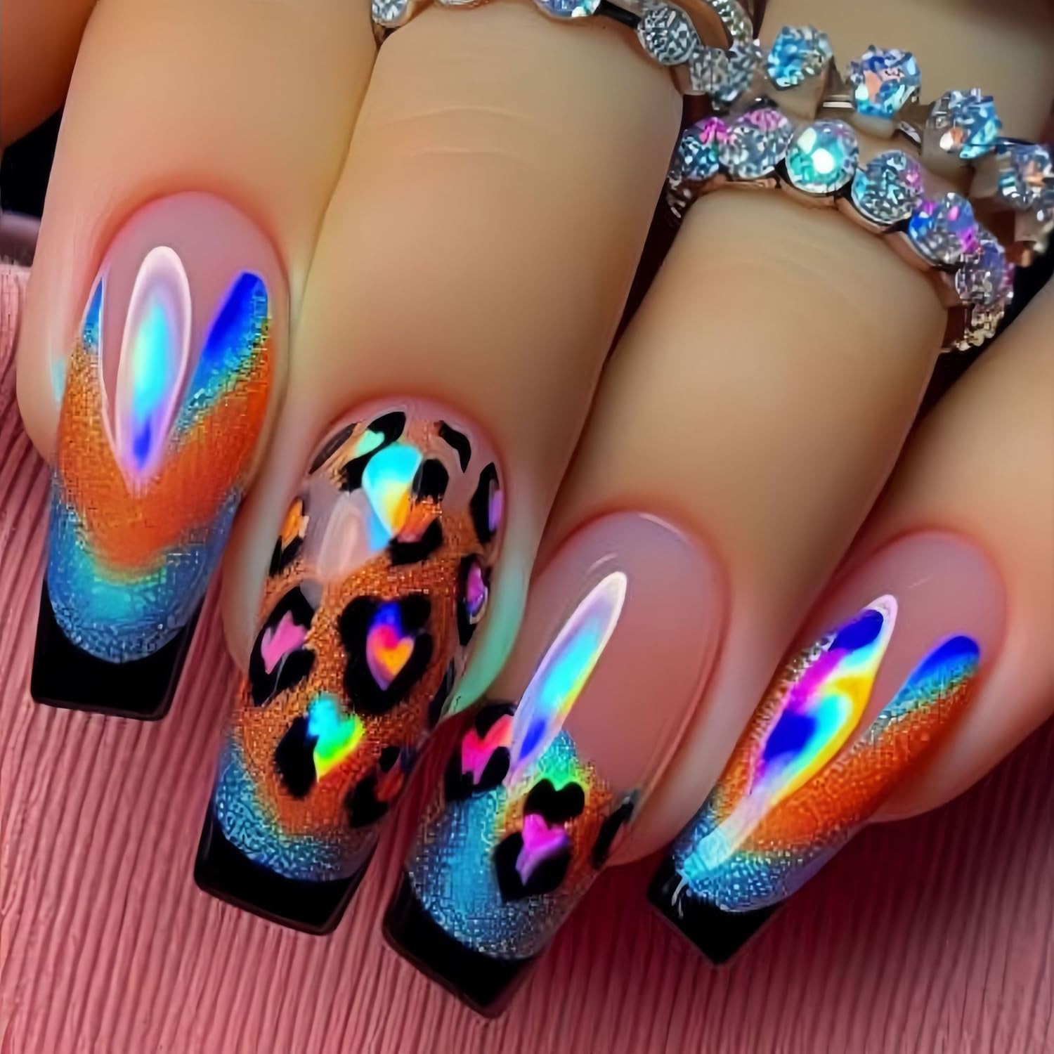 Leopard Press on Nails Long Leng Ballet Shaped Black French Tip Acrylic Fake …