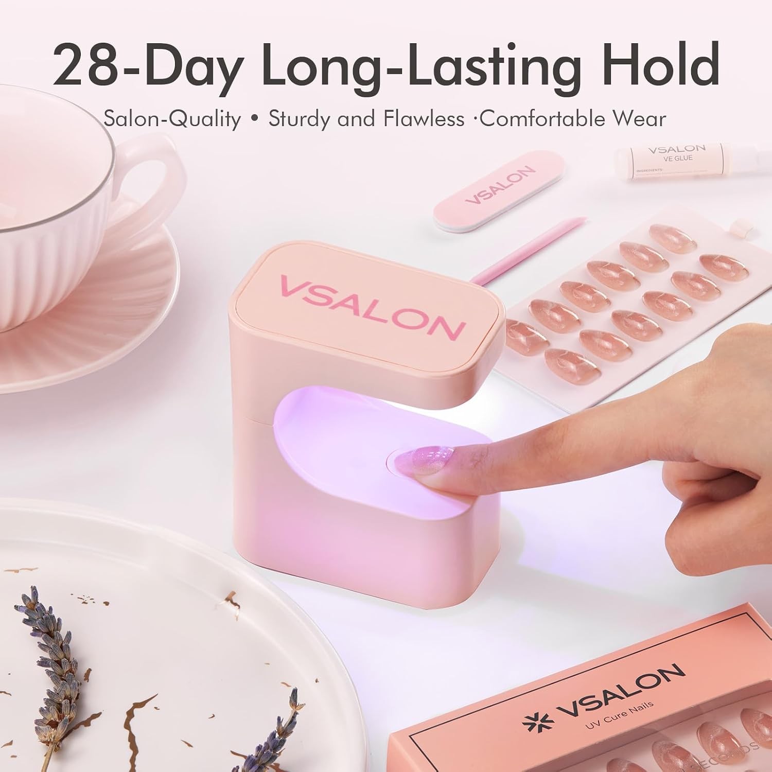 VSALON Cat Eye Press On Nails, Medium Almond, Pink Shimmer, Reusable