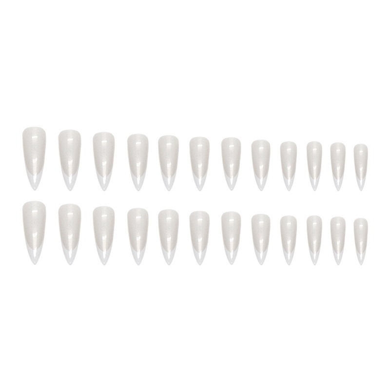 48Pcs-Long Almond Milky White Cat Eye Glitter Hollow French Tip Press on Nails