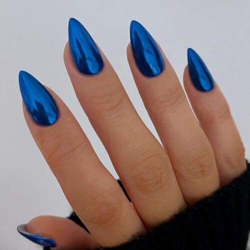 Mirror Metal Royal Blue Chrome Press on Nails Medium Almond chrome royal blue