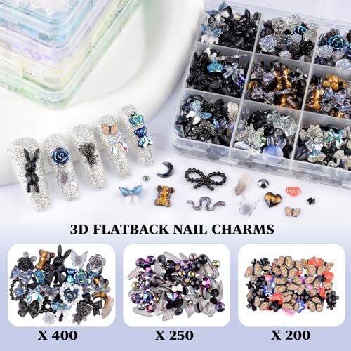850 Pieces 3D Butterfly Rose Flower Bow Rabbit Bear Nail Charms Kit with Black