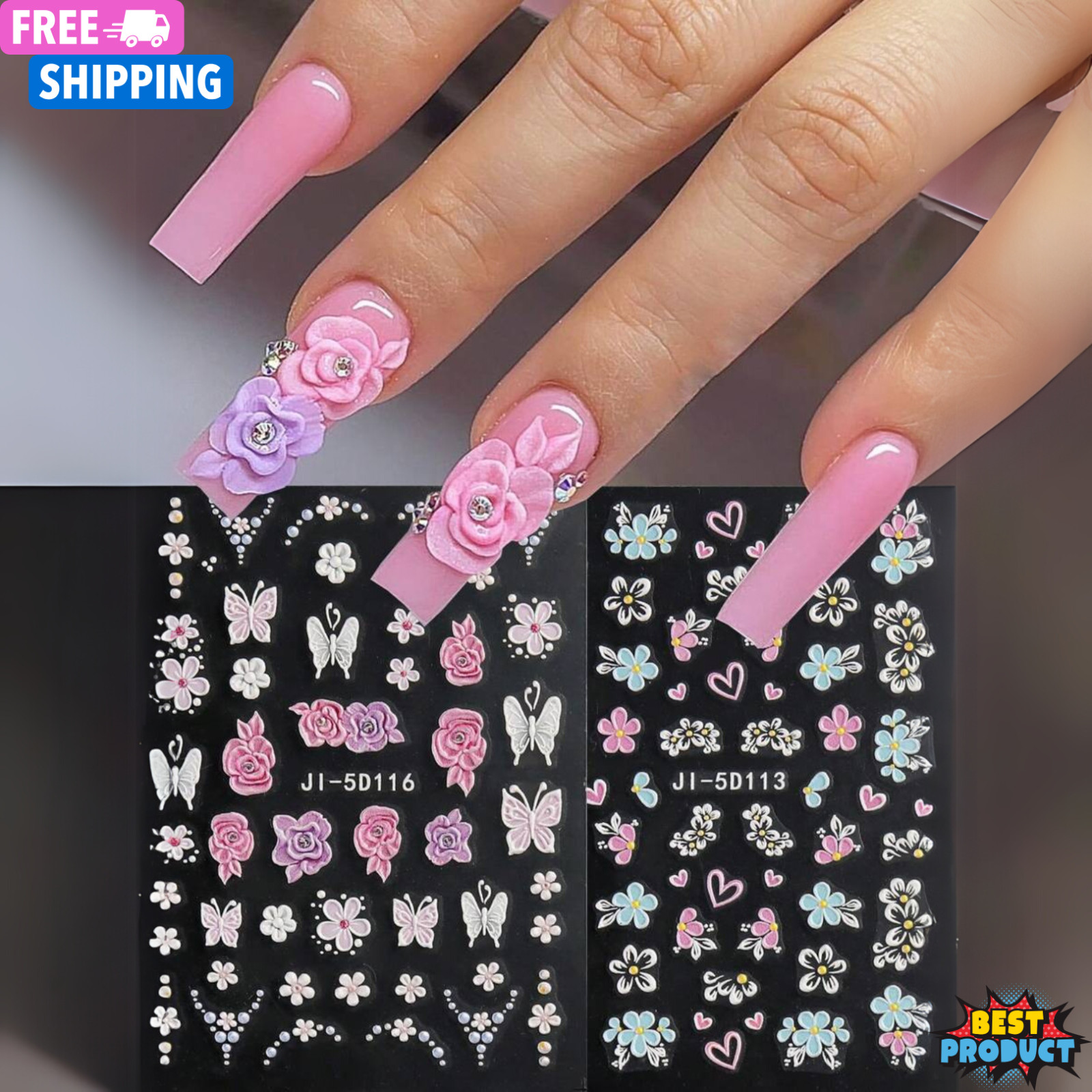 2 Sheet Nail Stickers 5D Embossed Flower Butterfly Petals Nail Decor for Women