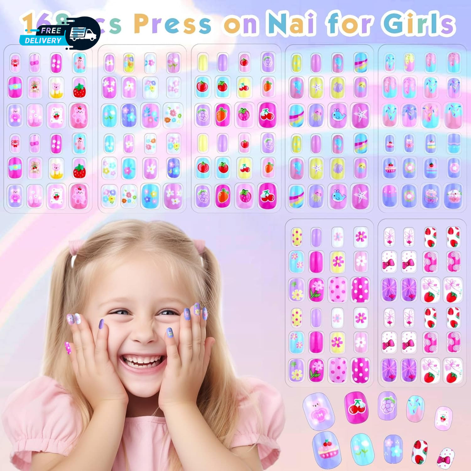 168Pcs Press on Nails for Kids Girls Kids Fake Nails Children Pre Glue Stickers