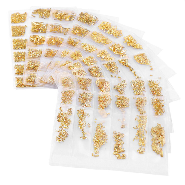 10 Packs Gold Nails Art Metal Rivets Studs Hollow Round Stars 3D Decoration Tips
