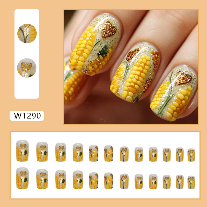 48P Short Oval Press on Nails, 3D Corn Hand‑Painted Heart Fall Trendy Fake Nails