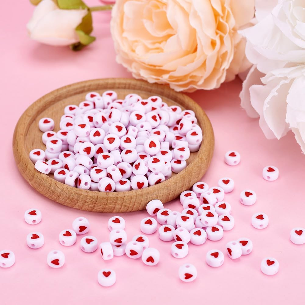 200Pcs White Acrylic Red Heart Beads Flat round Love Heart Disc Coin Pony Beads