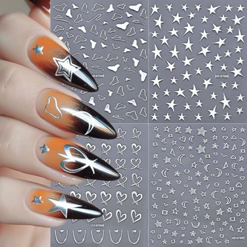 12 Sheets Silver Nail Art Stickers, 3D Self-Adhesive Bronzing Sun Moon Style25