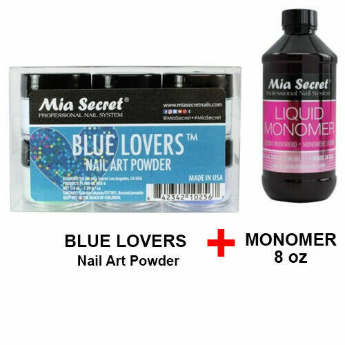 New Mia Secret Monomer 8 Ounce + BLUE LOVERS Nail Art Powder 6 Colors Set