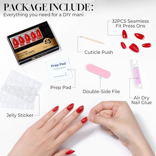 32Pcs Soft Gel Press on Nails – 16 Sizes Classic Red Almond Glue Ruby Romance