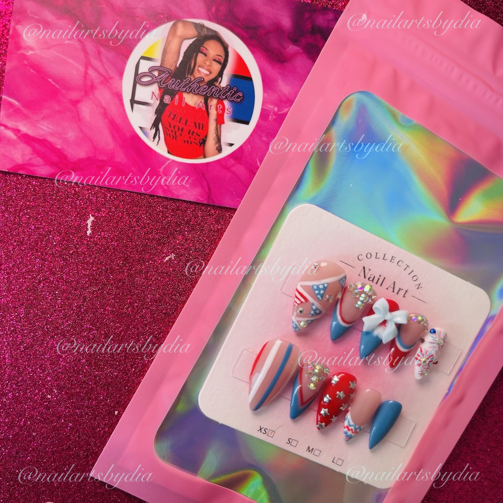Authentic Nail Arts by Dia Stiletto Press-On Nails Long 3D Rhinestone Patriotic