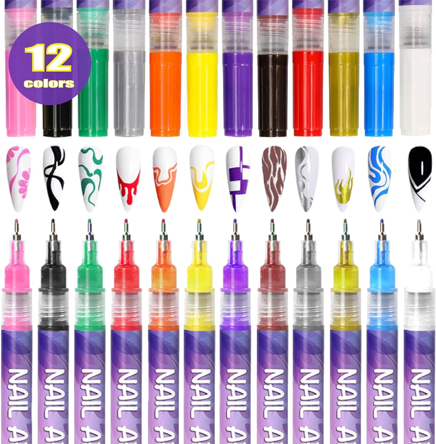 12 Colors Nail Art Pens Set 3D Nail Polish Pens Graffiti Dotting Pen