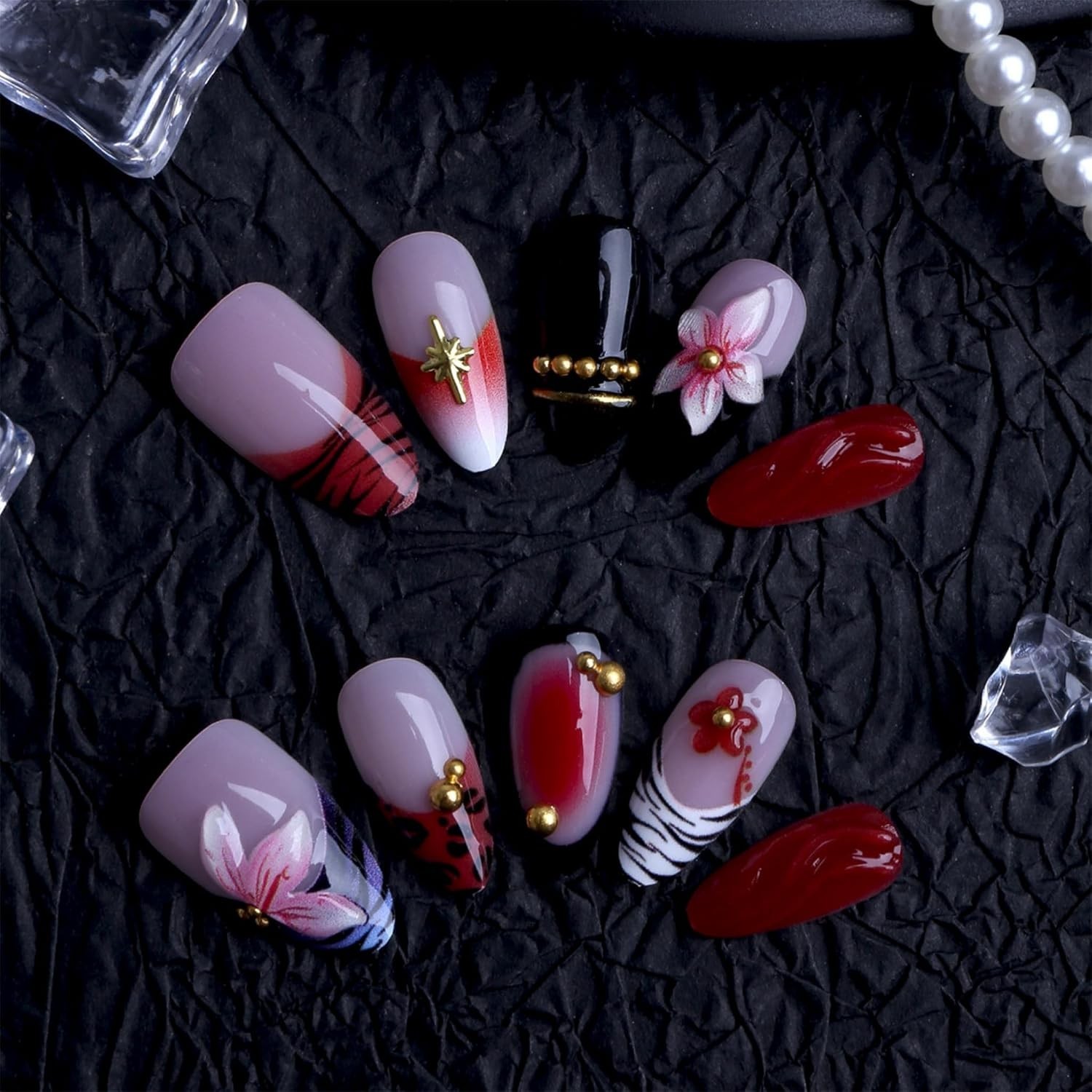Almond Press on Nails Long Fake Nails Red Artificial Nail Black French Pink F…
