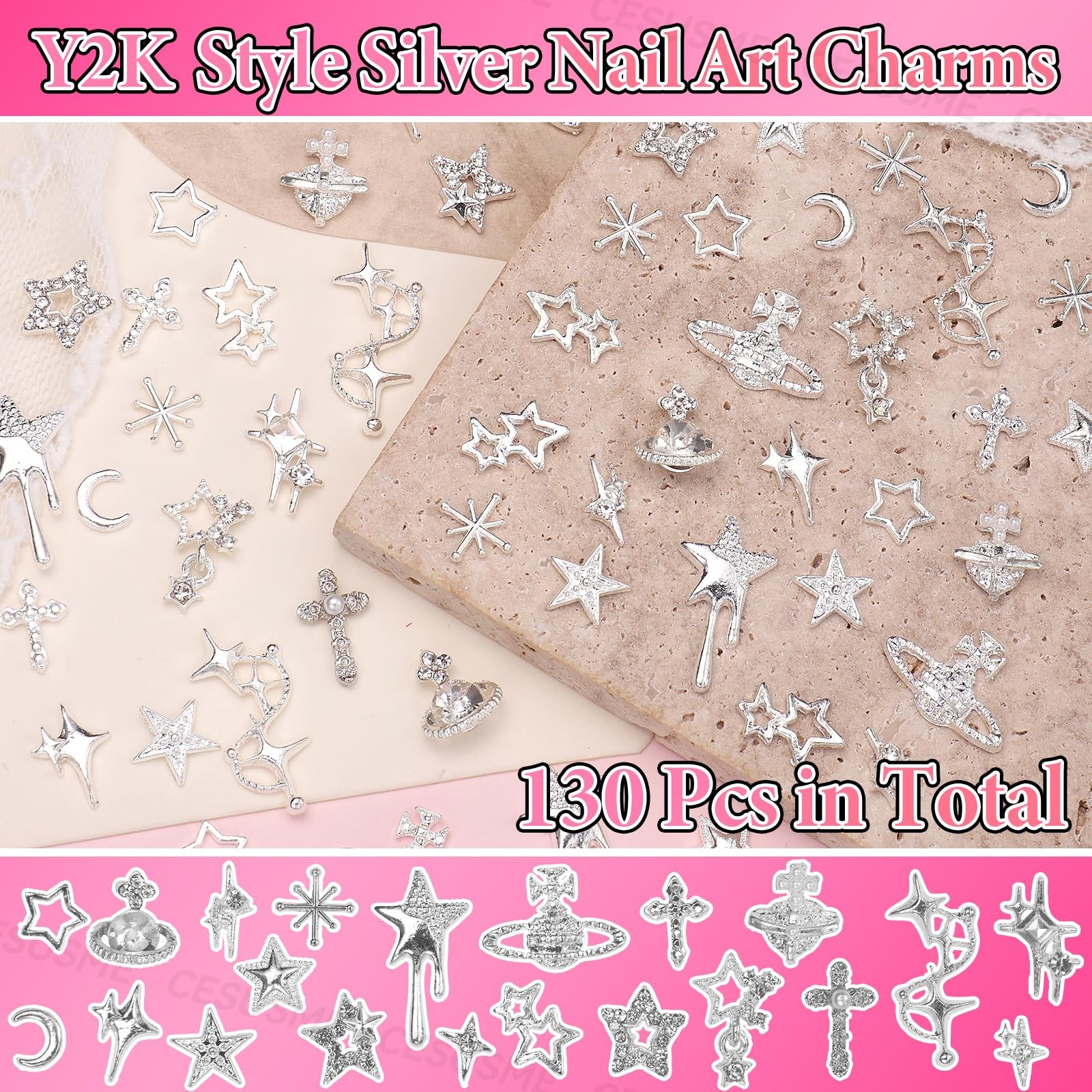 130 Pcs 3D Silver Star Cross Alloy Nail Charms, 21 Styles Y2K Metal Star Moon…