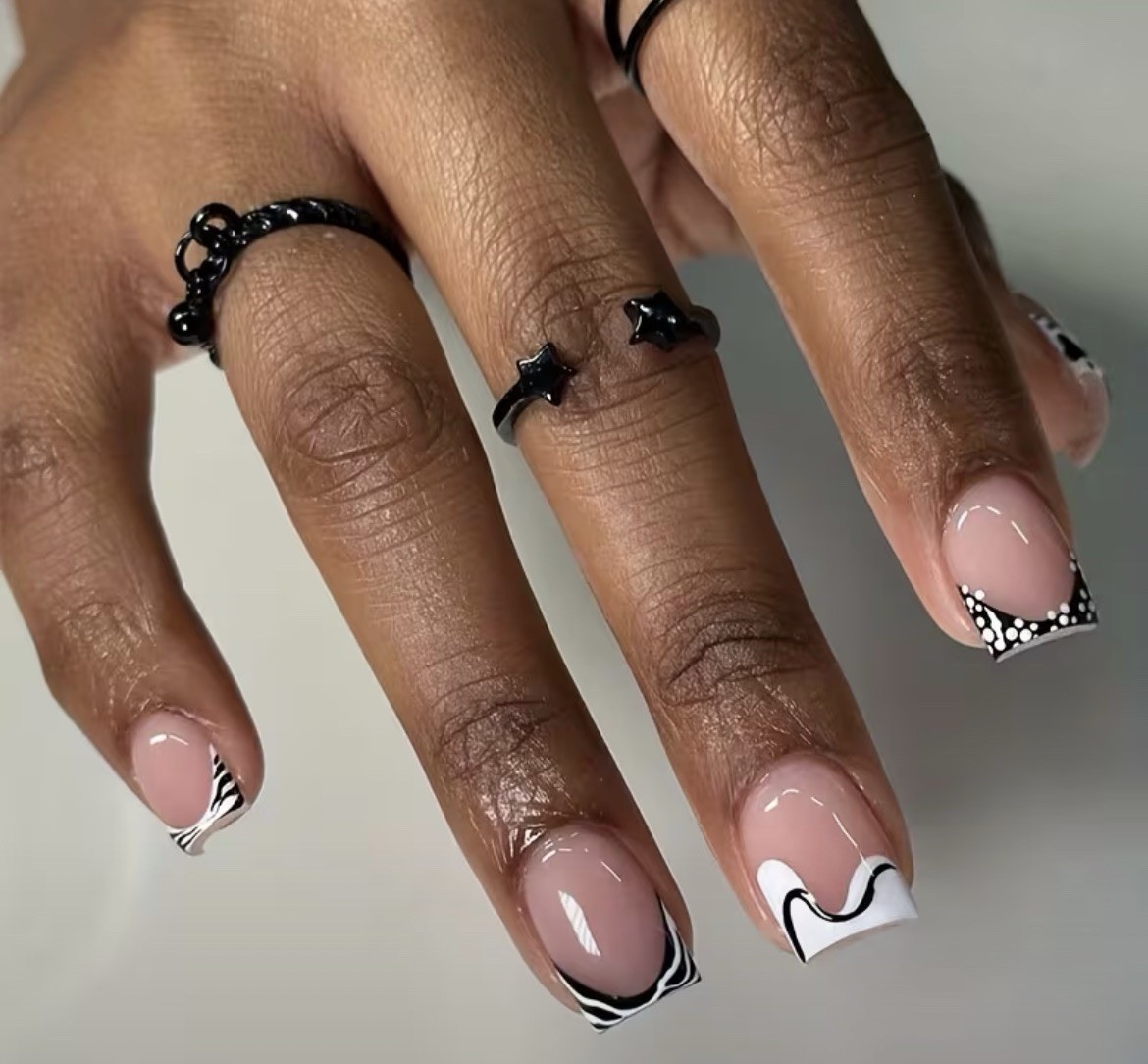 Pink Black White Geometric French Square Medium Press-On Nails Full Cover