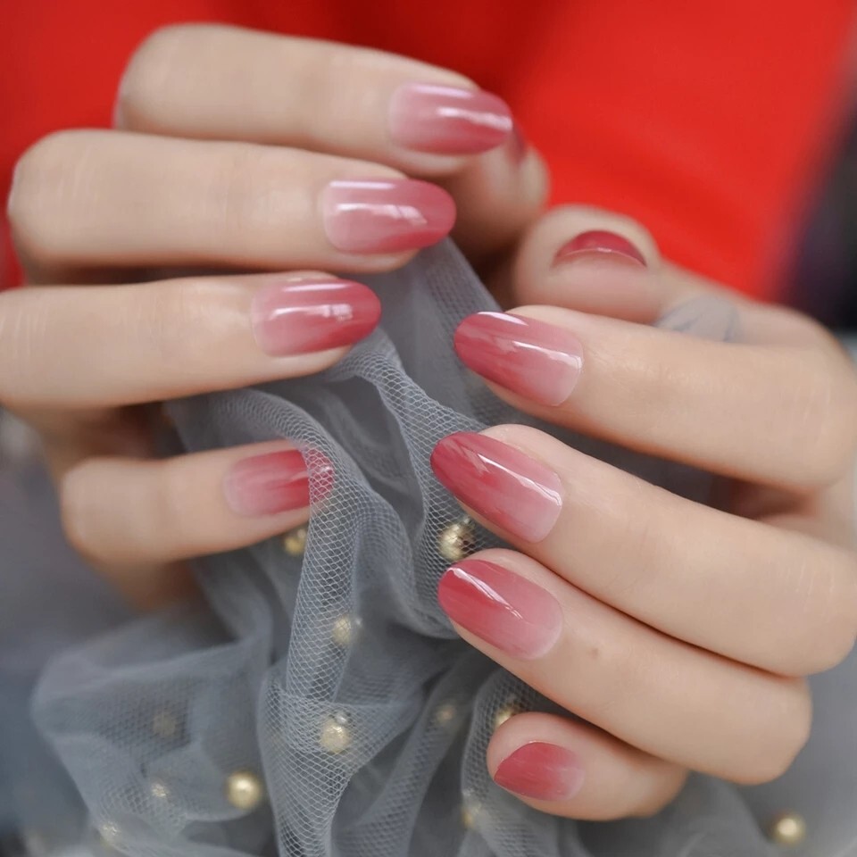 24 Ombre Rose Press On Nails w/ Glue Nude red natural almond goth gradient