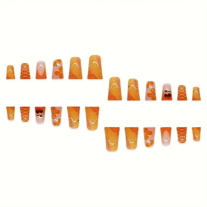 24pcs-Summer Inspired Nail with Pink and Orange Base, Rhinestones and 3D Accents