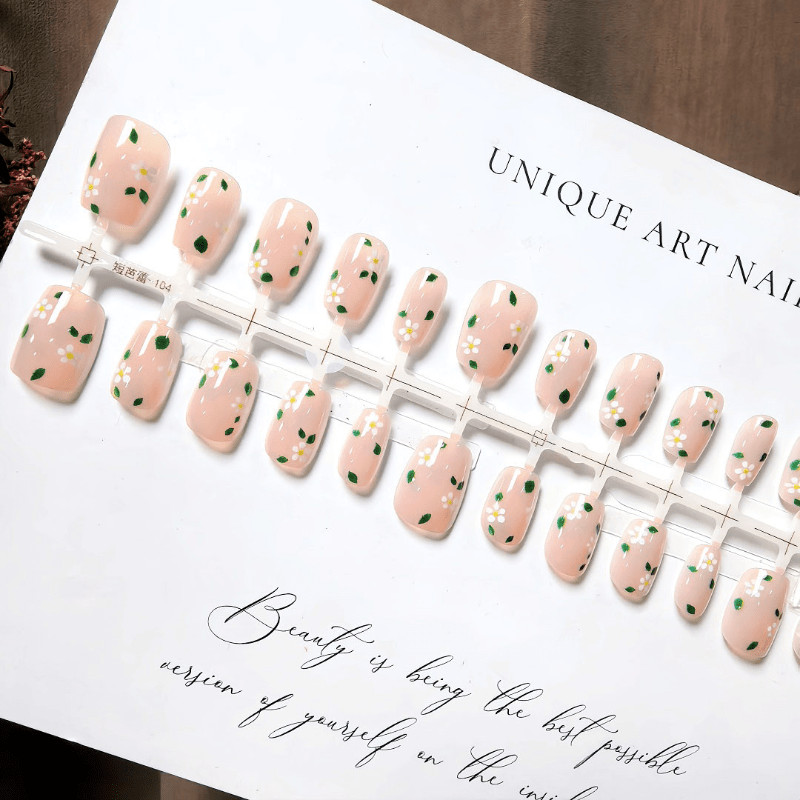 60pcs Short Almond Press on Nails, Nude Base Tiny White Daisy Green Dot Nails