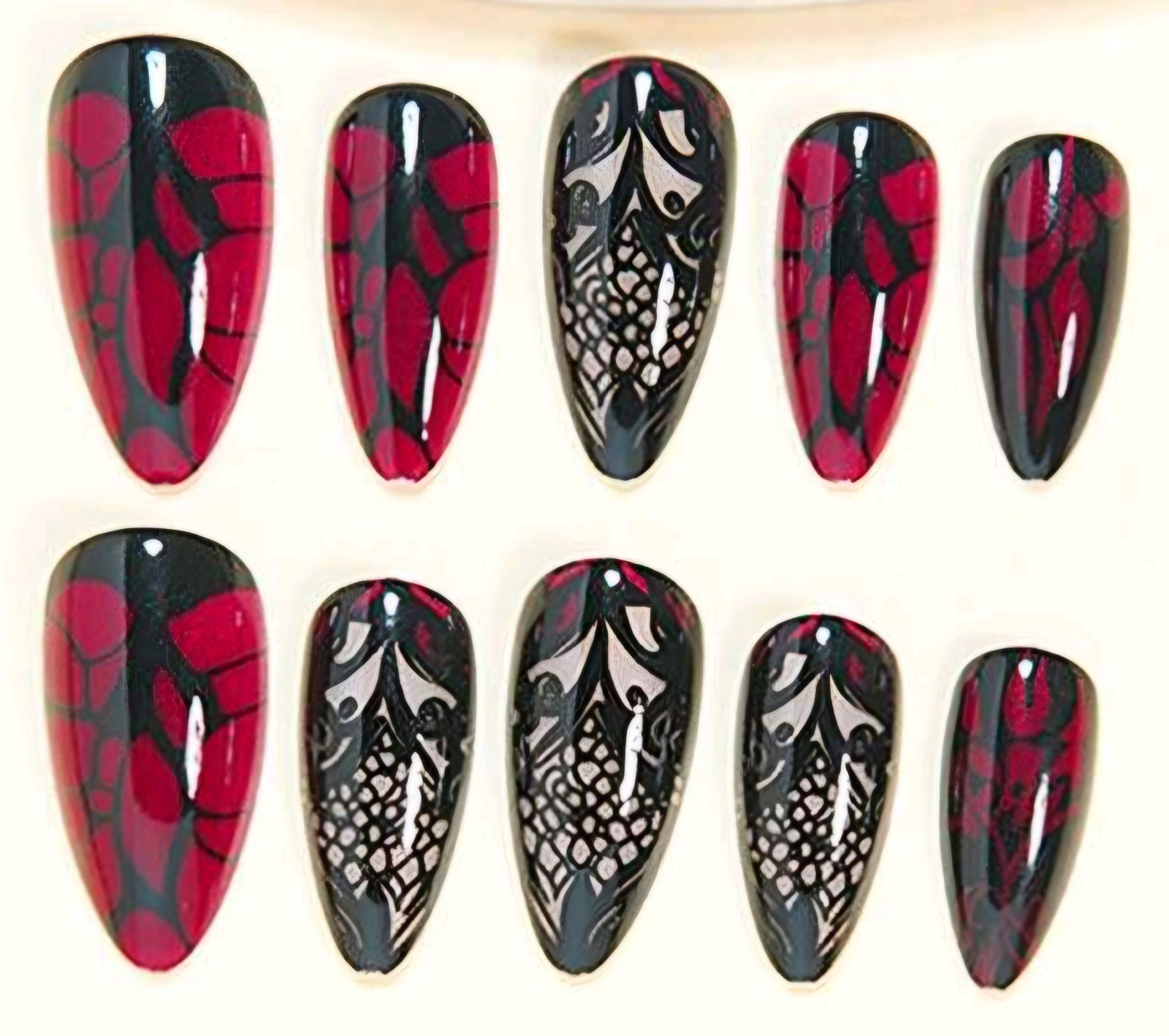 Press-On Nails Gothic Vintage Black Red Lace Medium/Long Almond