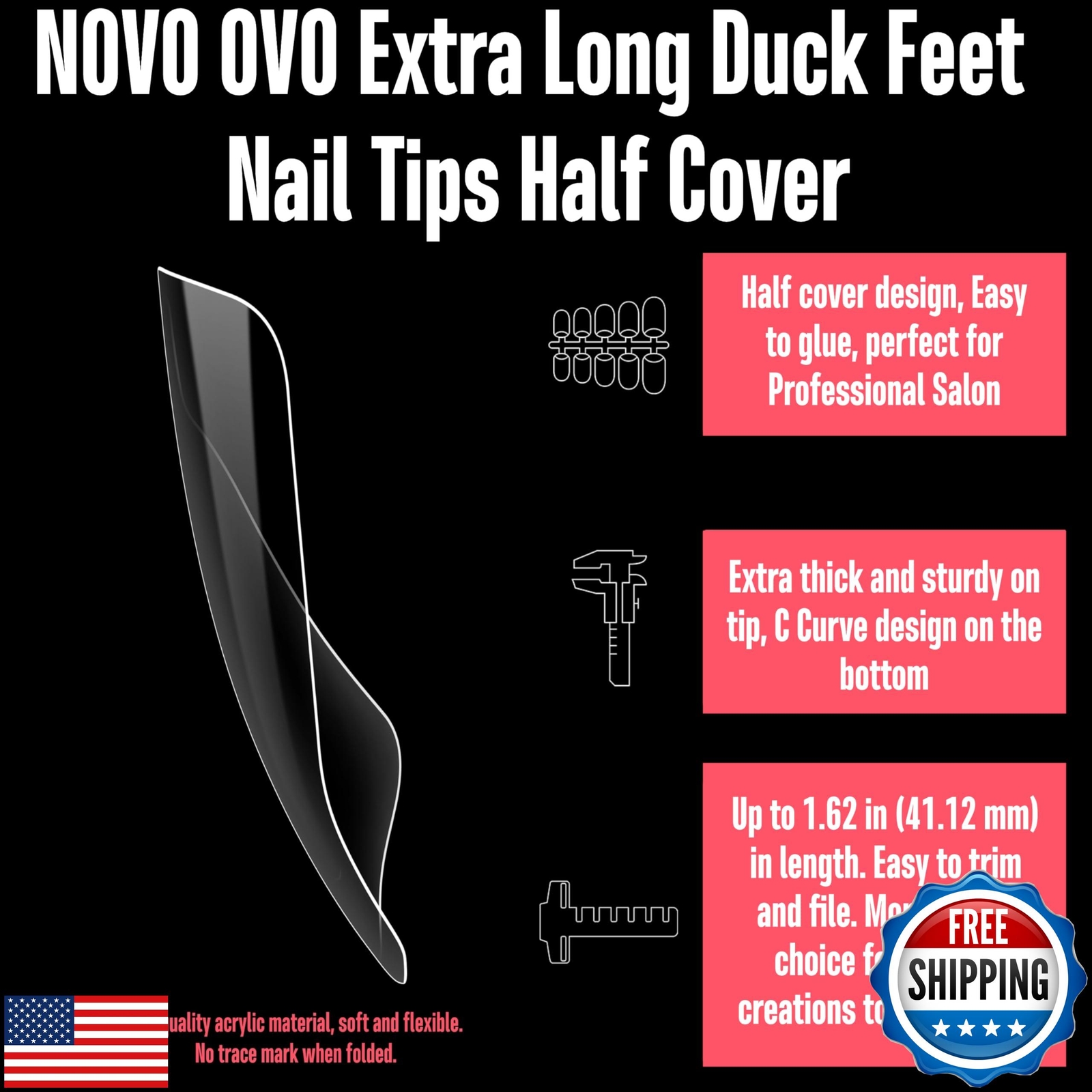 NOVO OVO 110 pcs Extra Super Long Duck Feet Nail Tips Half Cover for Press On